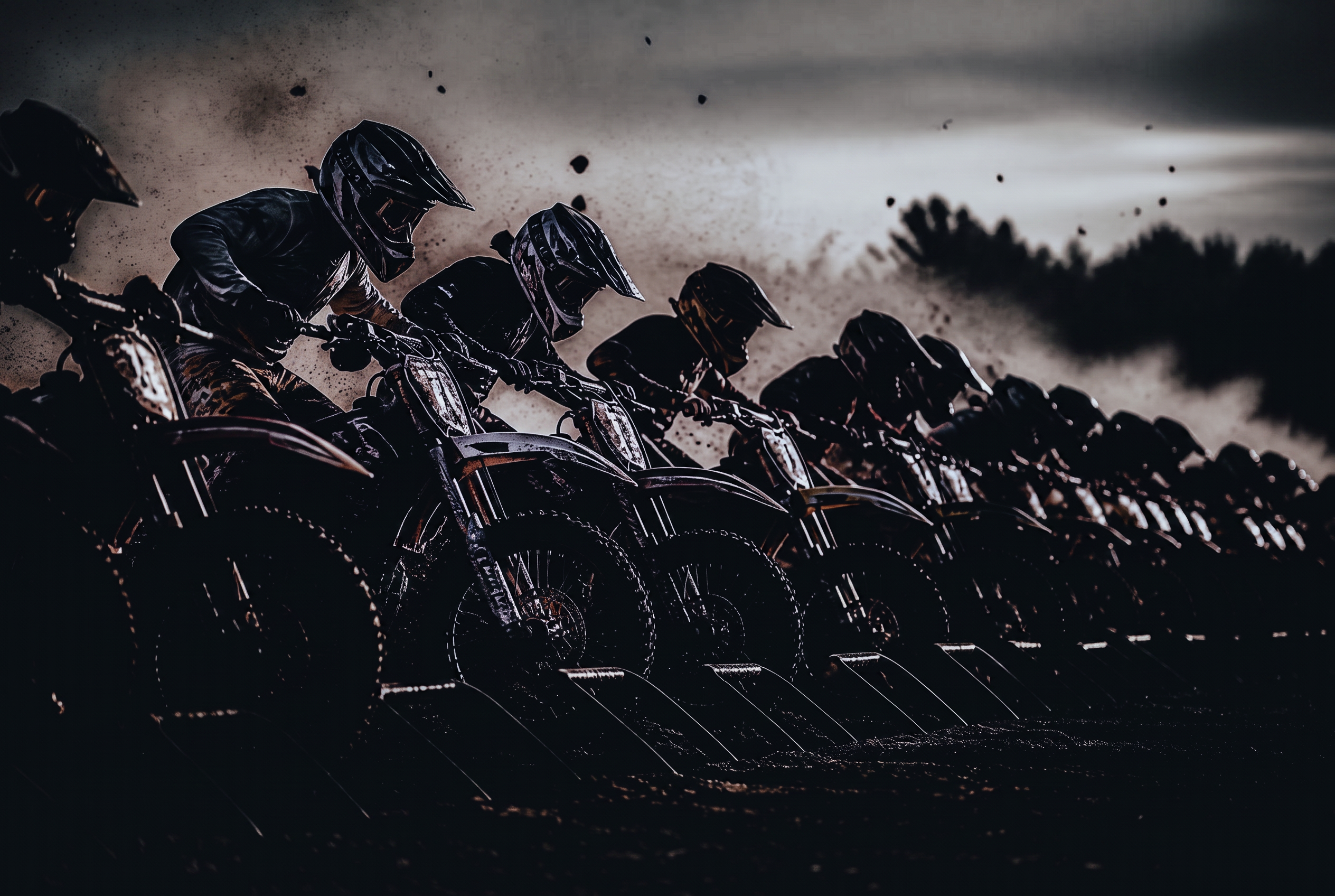 Largada de motocross: fileira larga de pilotos saindo do gate com a terra explodindo atrás das rodas ao entardecer